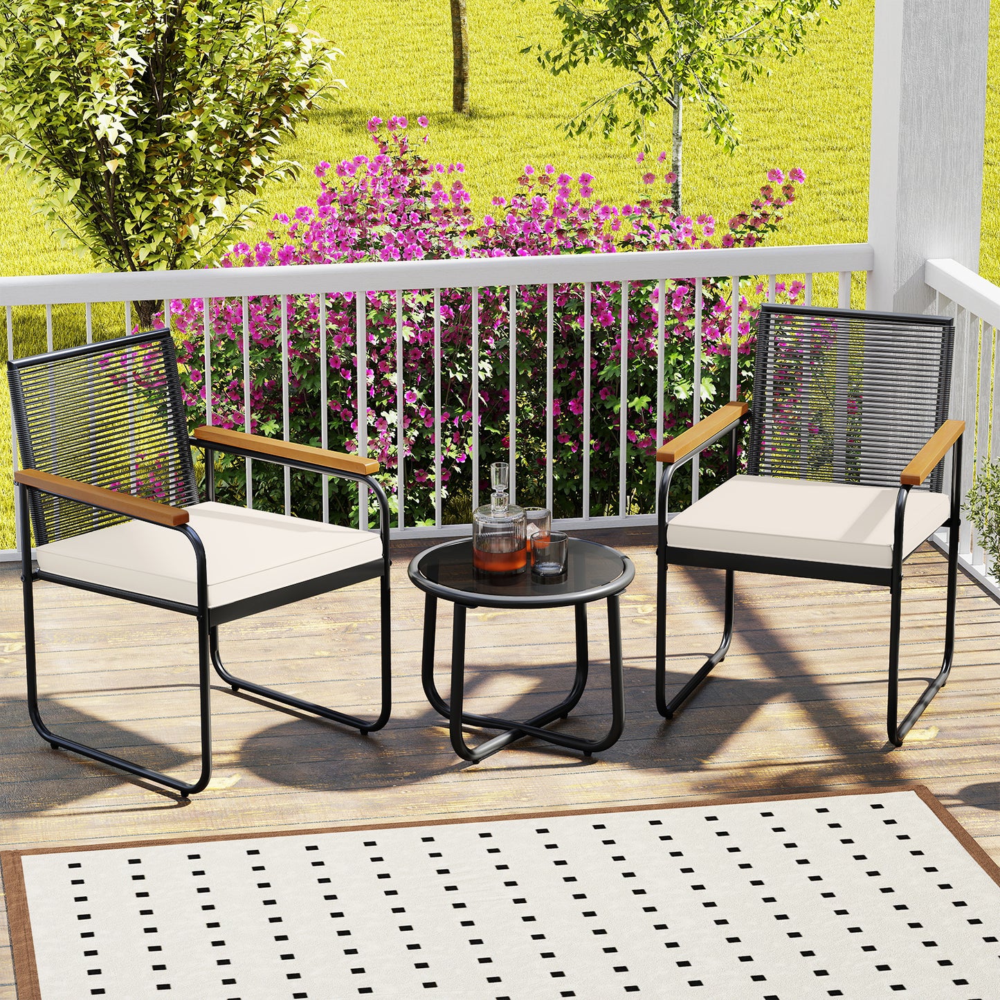 3 Piece Patio Furniture Set, PE Rattan Chairs, Round Glass Table, White Patio Conversation Sets at Gallery Canada