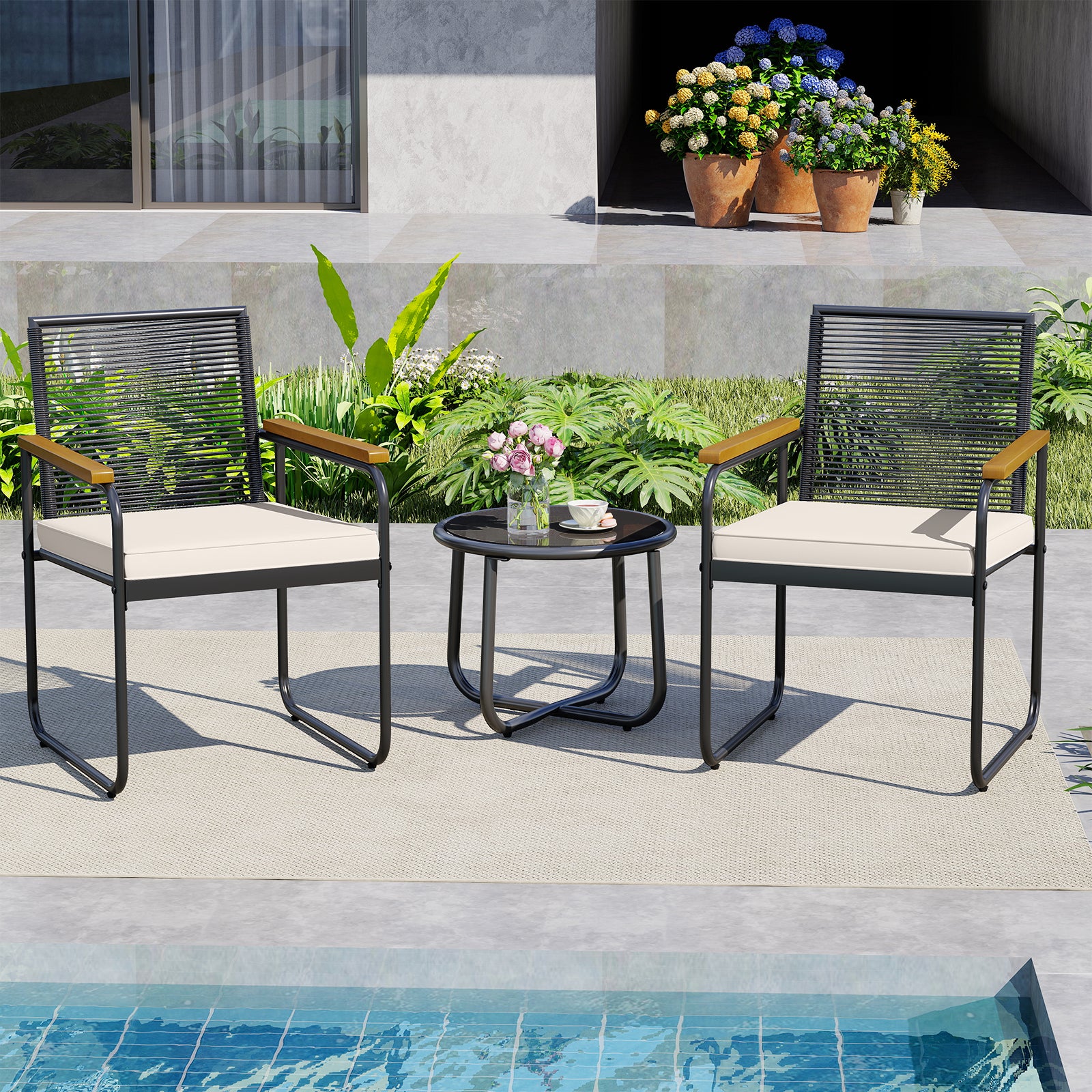 3 Piece Patio Furniture Set, PE Rattan Chairs, Round Glass Table, White Patio Conversation Sets at Gallery Canada
