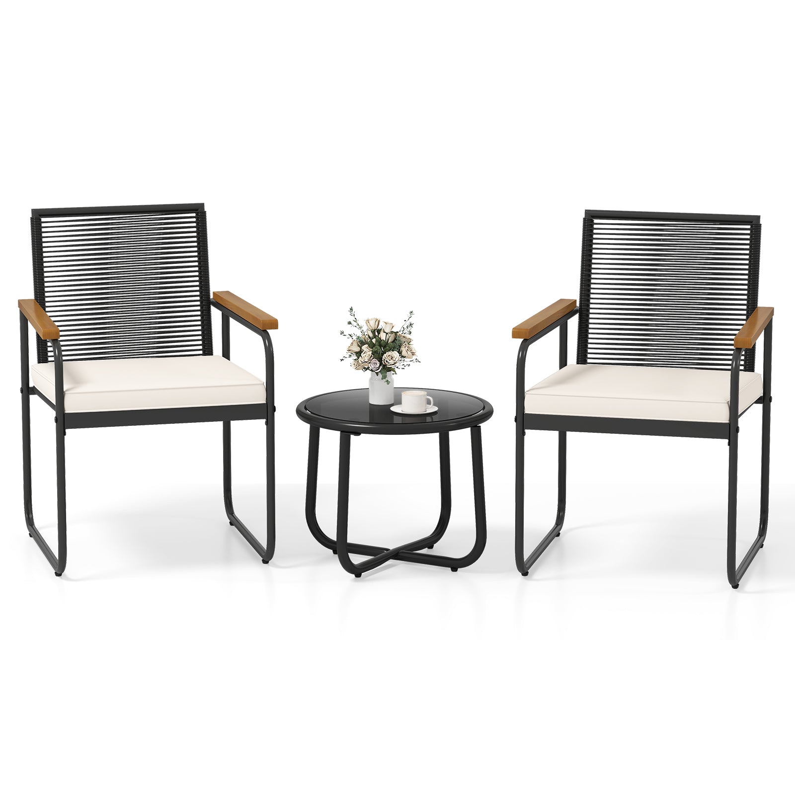 3 Piece Patio Furniture Set, PE Rattan Chairs, Round Glass Table, White Patio Conversation Sets White at Gallery Canada
