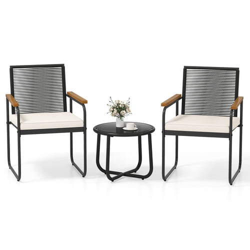 3 Piece Patio Furniture Set, PE Rattan Chairs, Round Glass Table, White