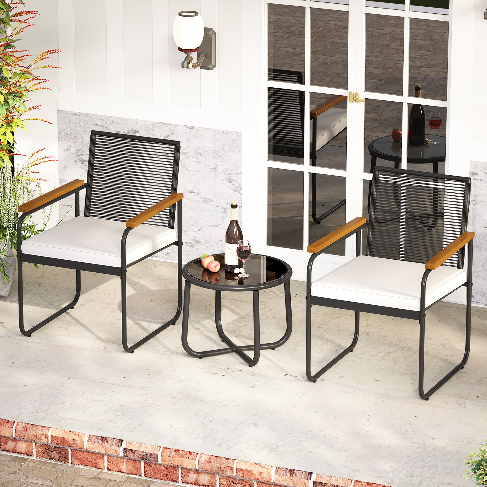 3 Piece Patio Furniture Set, PE Rattan Chairs, Round Glass Table, White Patio Conversation Sets at Gallery Canada