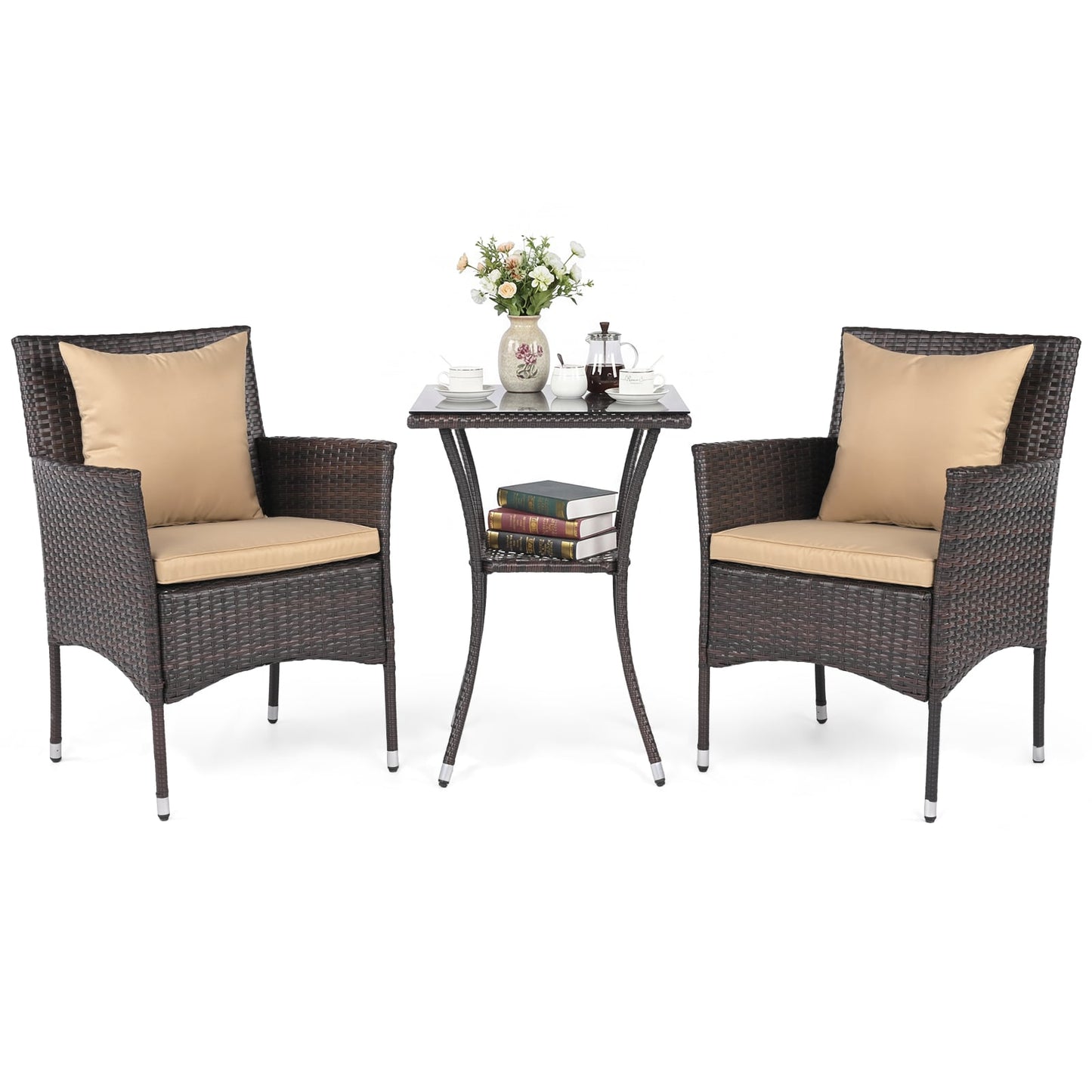 3 Piece Patio Set with Cushioned Chairs & Glass Coffee Table, Brown Patio Conversation Sets Brown at Gallery Canada