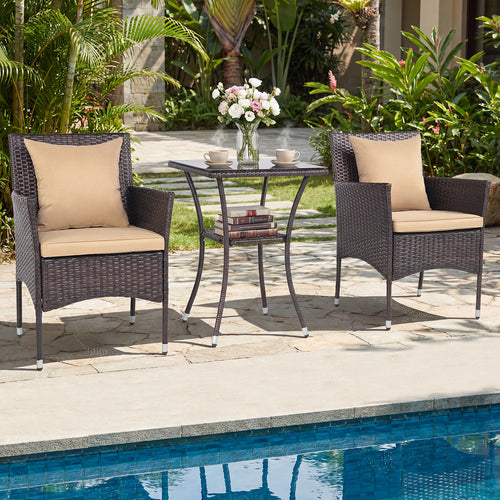 3 Piece Patio Set with Cushioned Chairs & Glass Coffee Table, Brown