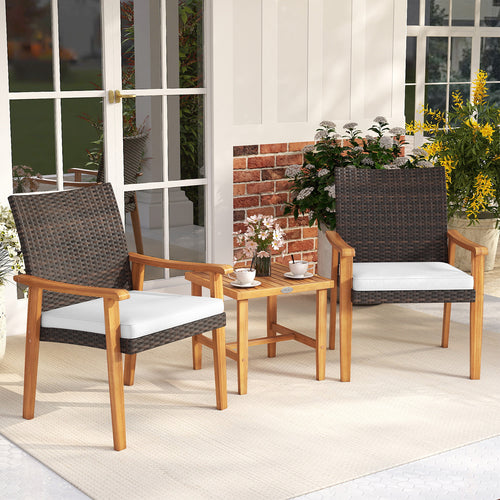 3 Pieces Patio PE Wicker Furniture Set Acacia Wood Outdoor Conversation Bistro Set, White