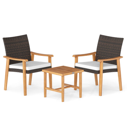 3 Pieces Patio PE Wicker Furniture Set Acacia Wood Outdoor Conversation Bistro Set, White Patio Conversation Sets at Gallery Canada