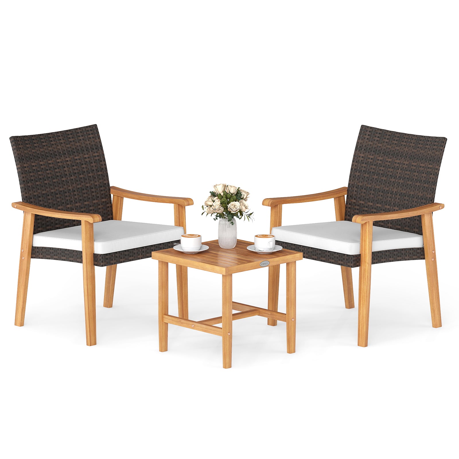 3 Pieces Patio PE Wicker Furniture Set Acacia Wood Outdoor Conversation Bistro Set, White Patio Conversation Sets at Gallery Canada