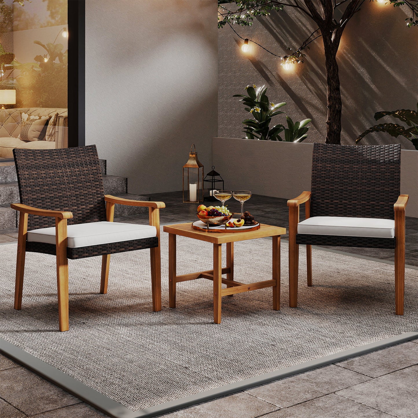 3 Pieces Patio PE Wicker Furniture Set Acacia Wood Outdoor Conversation Bistro Set, White Patio Conversation Sets at Gallery Canada