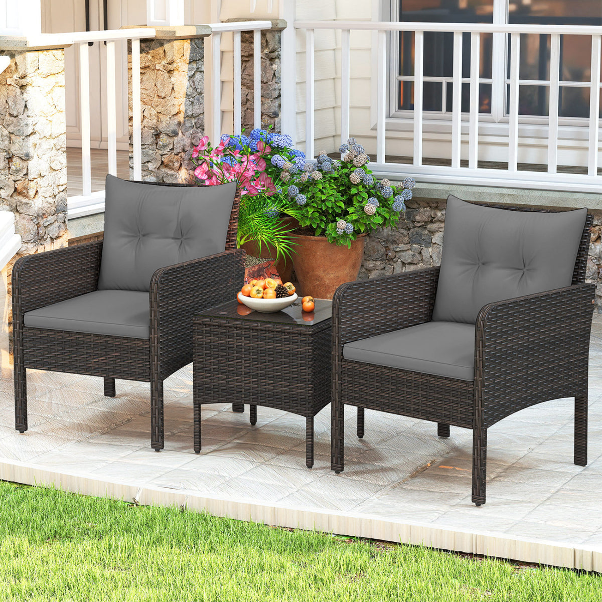 3-Piece Patio PE Wicker Set With Cushions, Gray Patio Conversation Sets at Gallery Canada