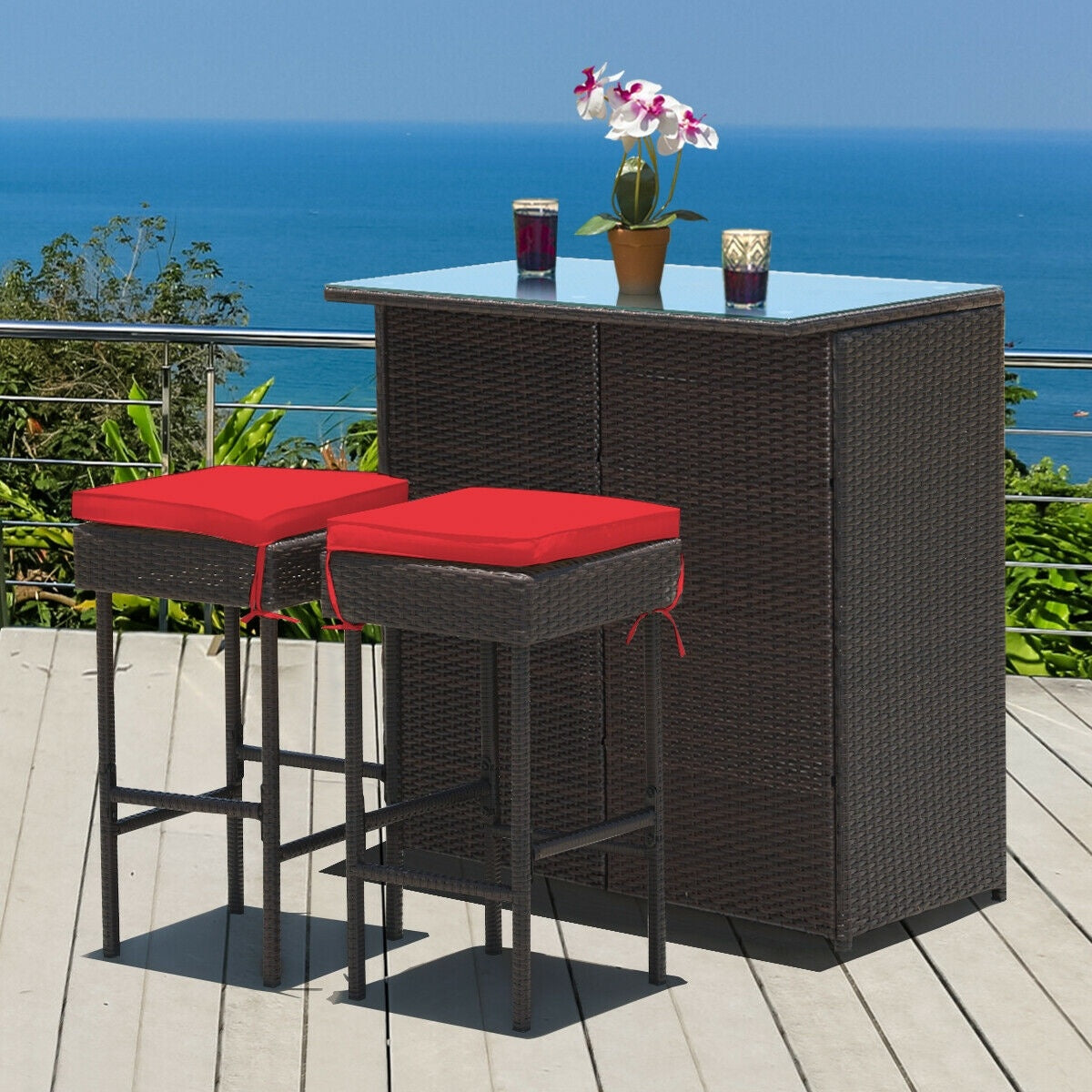 3 Piece Rattan Bar Table Stools Set, Red Patio Bar Furniture at Gallery Canada