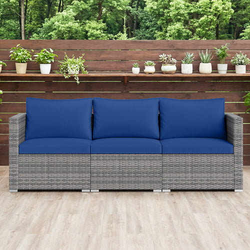 Patio Sectional Sofa Set, 3 Pieces PE Rattan Modular Couch with Cushions, Navy