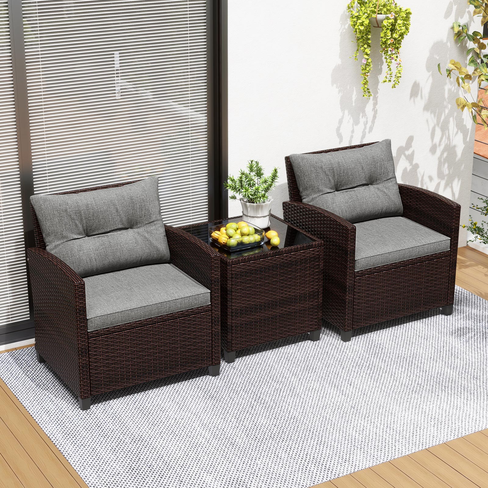 3 Piece Rattan Patio Furniture Set, Washable Cushion, Gray Patio Conversation Sets at Gallery Canada