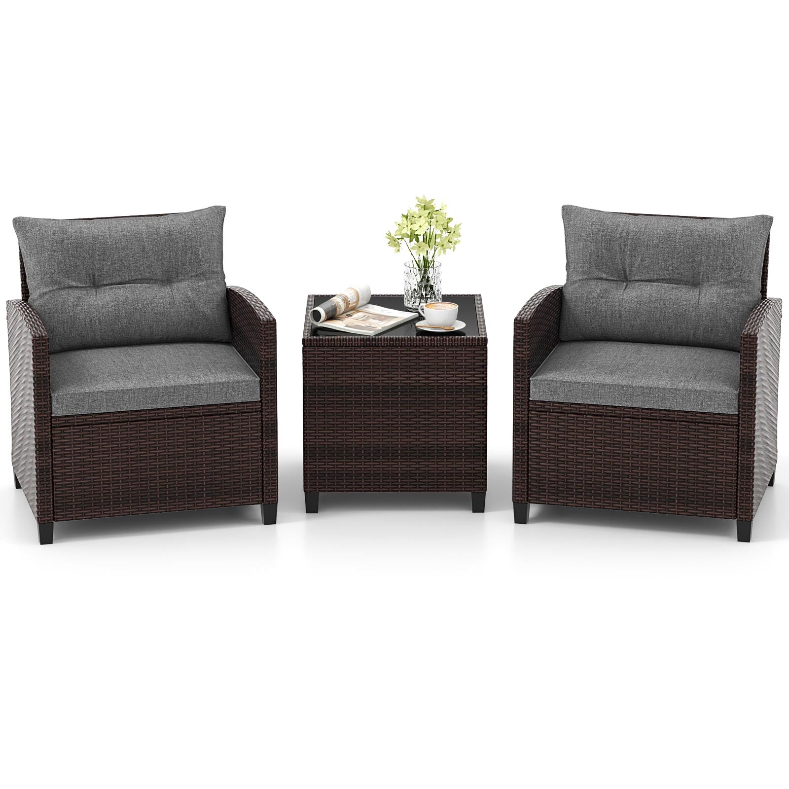 3 Piece Rattan Patio Furniture Set, Washable Cushion, Gray Patio Conversation Sets at Gallery Canada