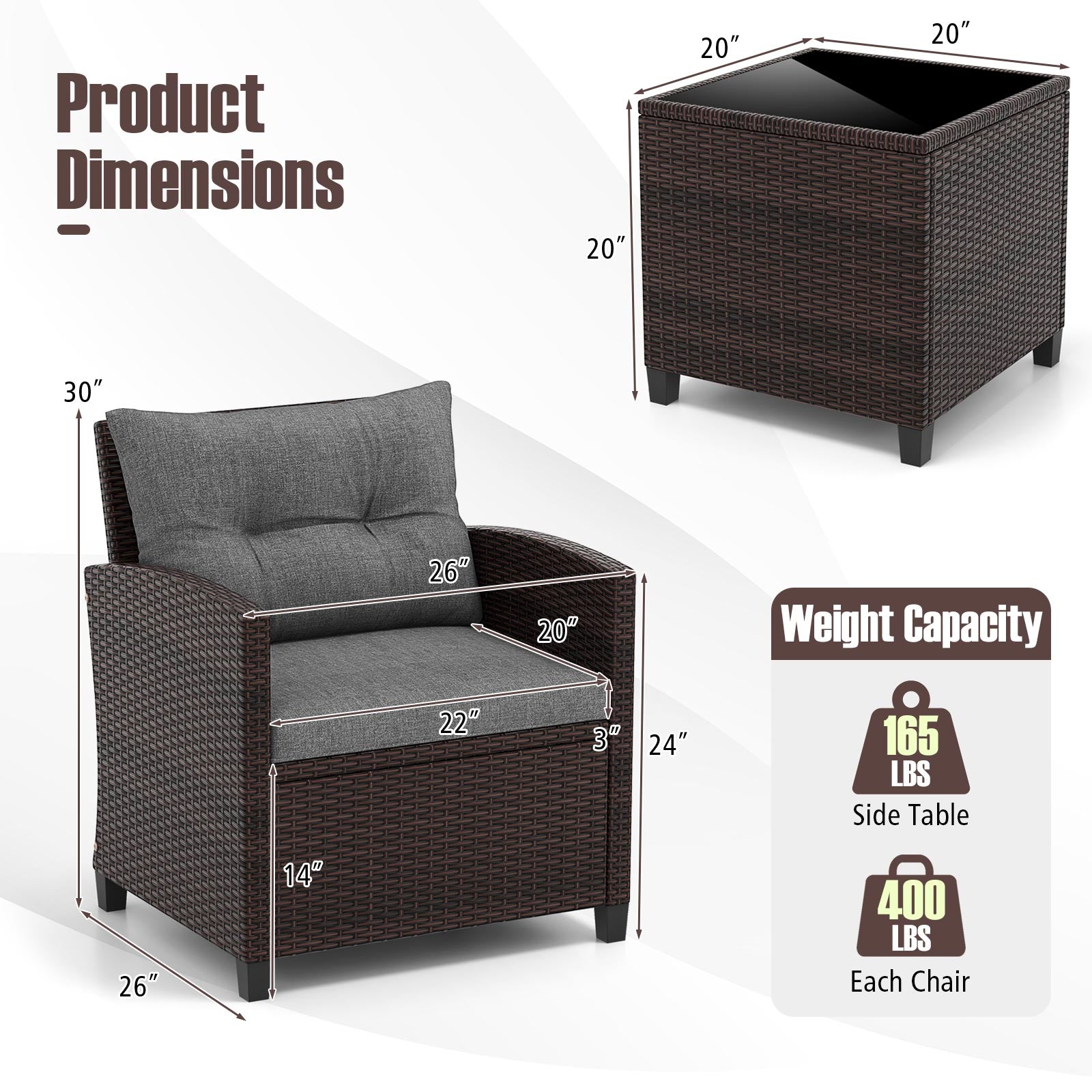 3 Piece Rattan Patio Furniture Set, Washable Cushion, Gray Patio Conversation Sets at Gallery Canada
