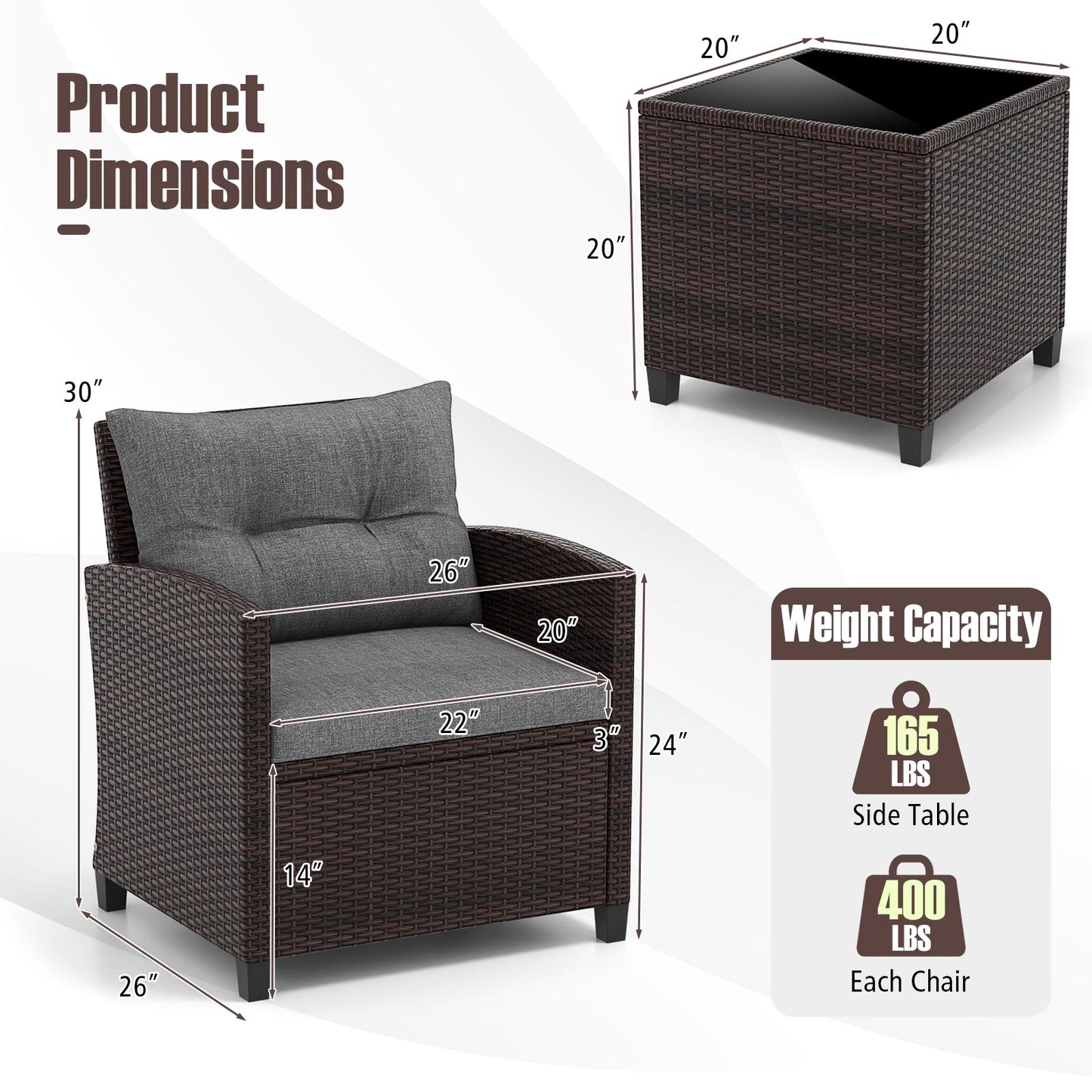 3 Piece Rattan Patio Furniture Set, Washable Cushion, Gray Patio Conversation Sets at Gallery Canada