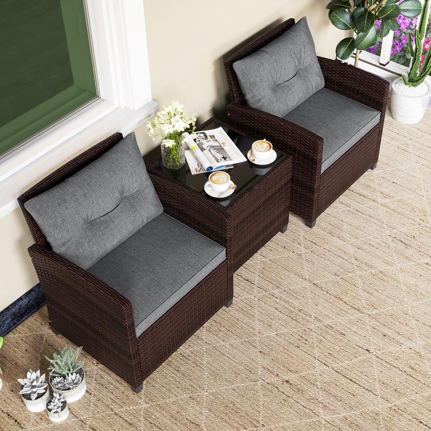 3 Piece Rattan Patio Furniture Set, Washable Cushion, Gray Patio Conversation Sets at Gallery Canada