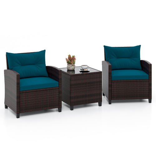 Rattan Patio Furniture Set, 3 Pieces, Washable Cushion, Peacock Blue