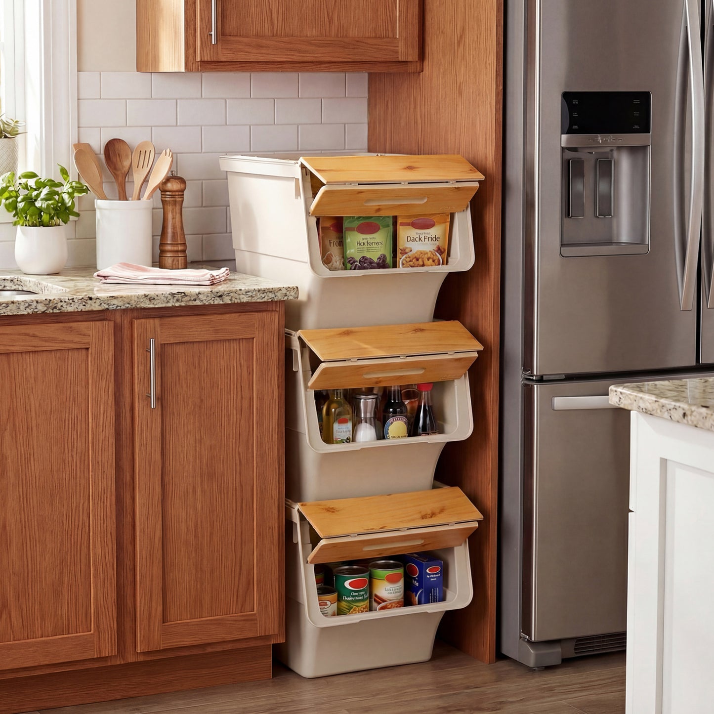 3 Pieces Storage Bins on Wheels Stackable Plastic Boxes with Stay-Open Lid (M), Natural Dressers & Chests at Gallery Canada