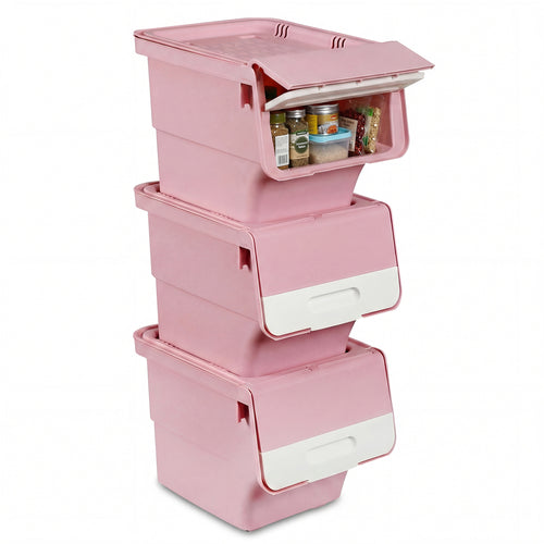 3 Pieces Storage Bins on Wheels Stackable Plastic Boxes with Stay-Open Lid (S), Pink