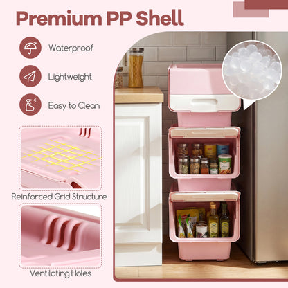 3 Pieces Storage Bins on Wheels Stackable Plastic Boxes with Stay-Open Lid (S), Pink Dressers & Chests at Gallery Canada
