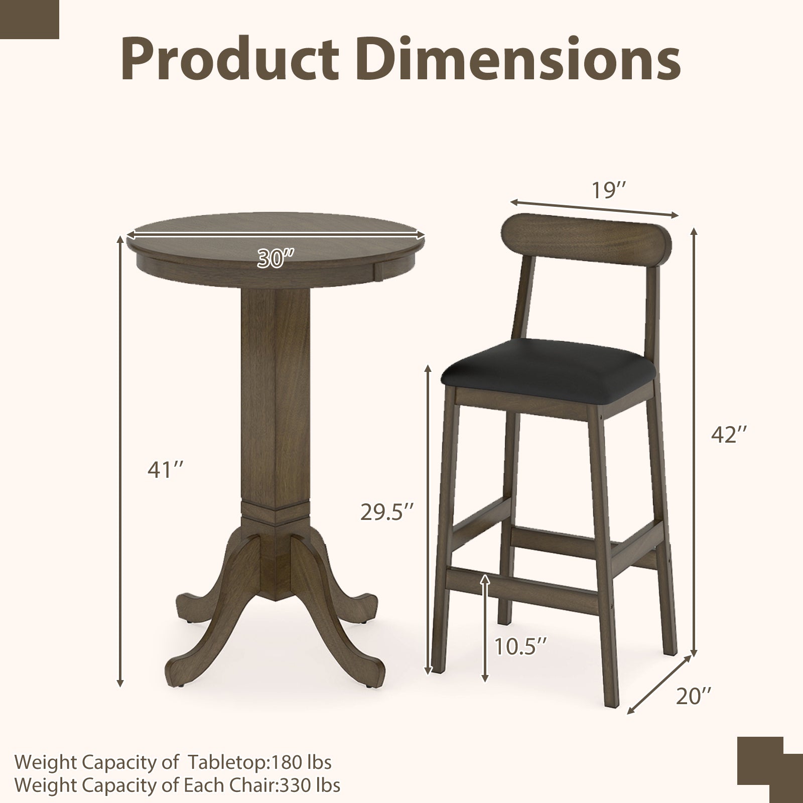 3 Pieces Wood Bar Table Set for 2 Round Pub Table with Pedestal Base and 2 Armless Stools Dining Room Sets at Gallery Canada