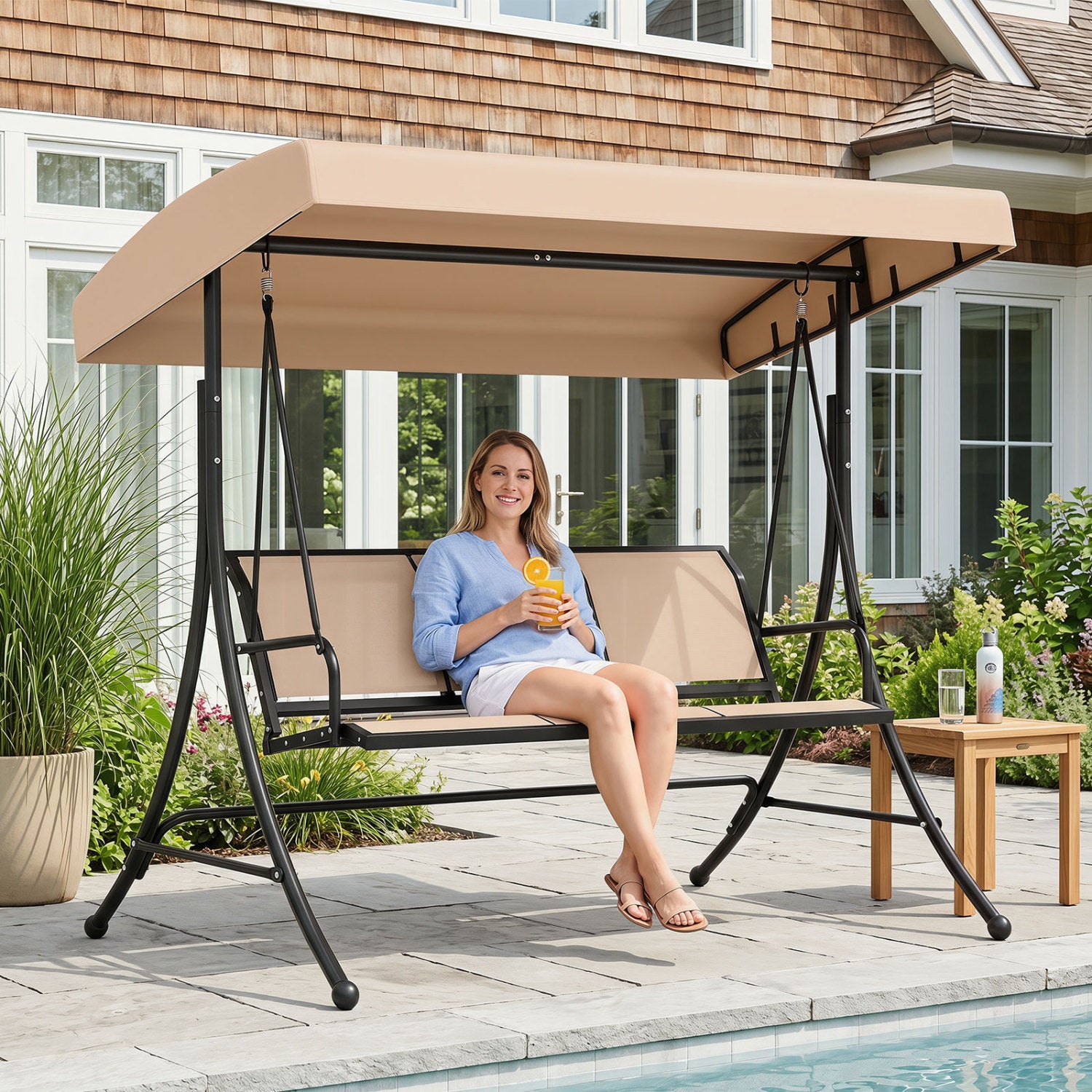 3-Seat Patio Swing Chair with Adjustable Canopy , Beige Porch Swings at Gallery Canada