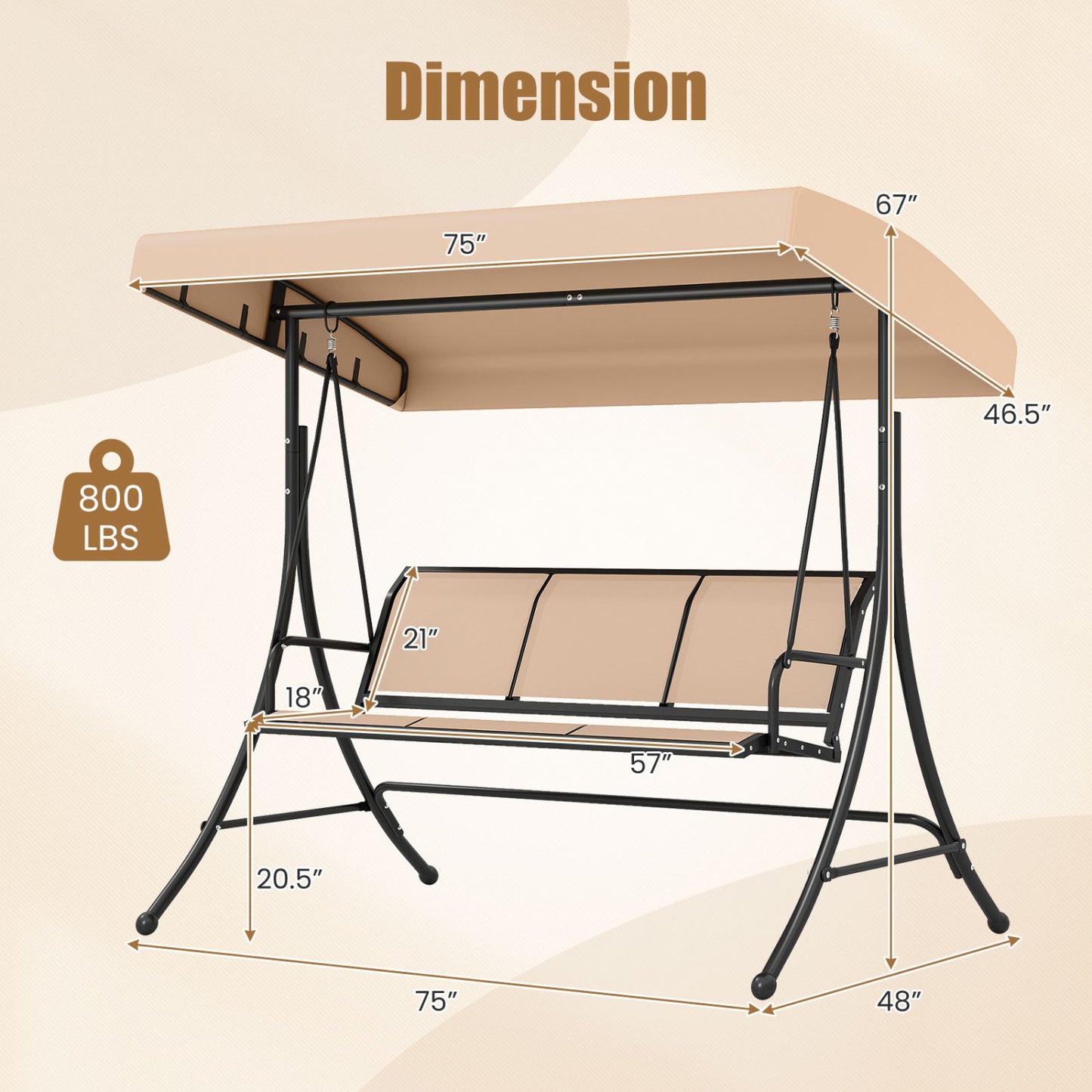 3-Seat Patio Swing Chair with Adjustable Canopy , Beige Porch Swings at Gallery Canada