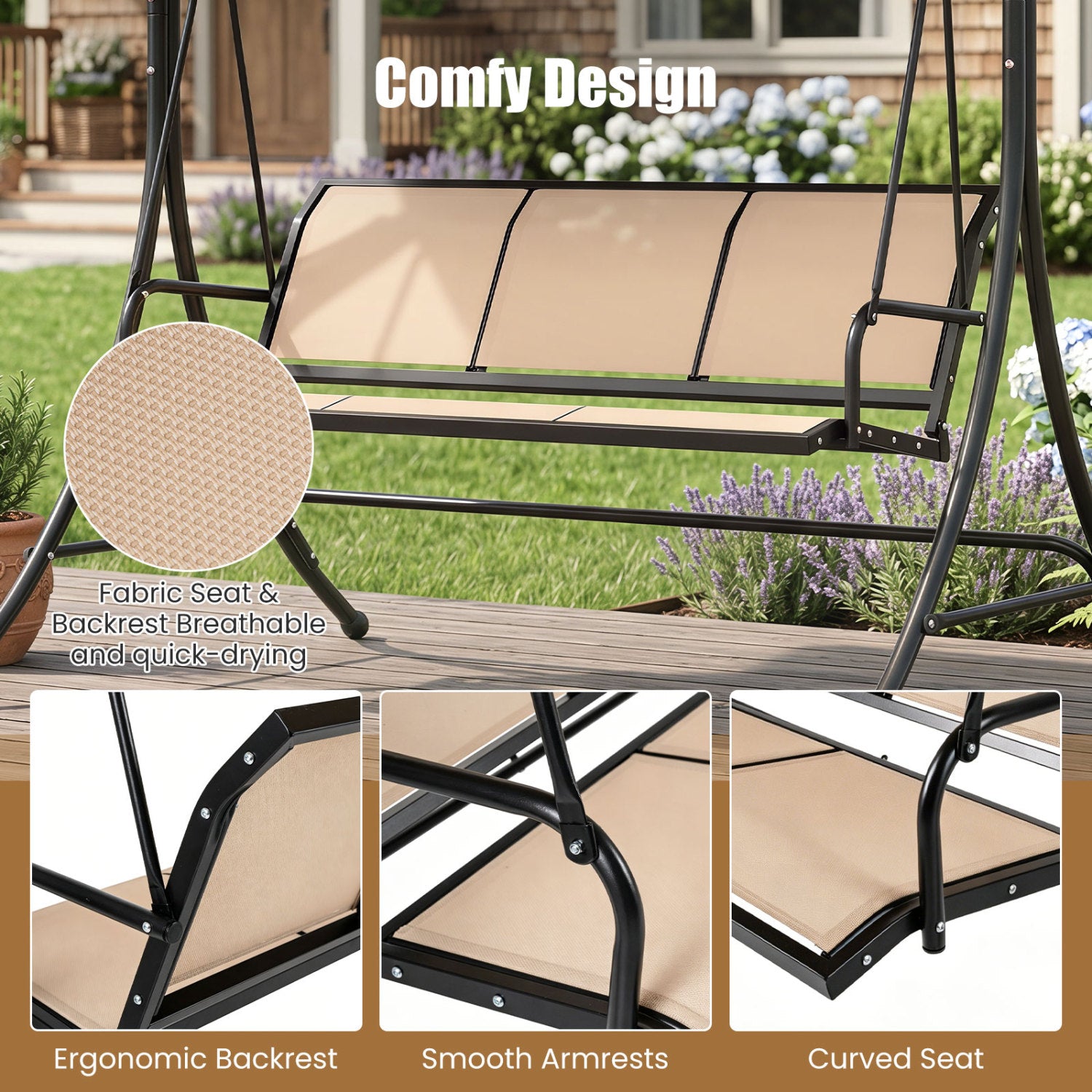 3-Seat Patio Swing Chair with Adjustable Canopy , Beige Porch Swings at Gallery Canada