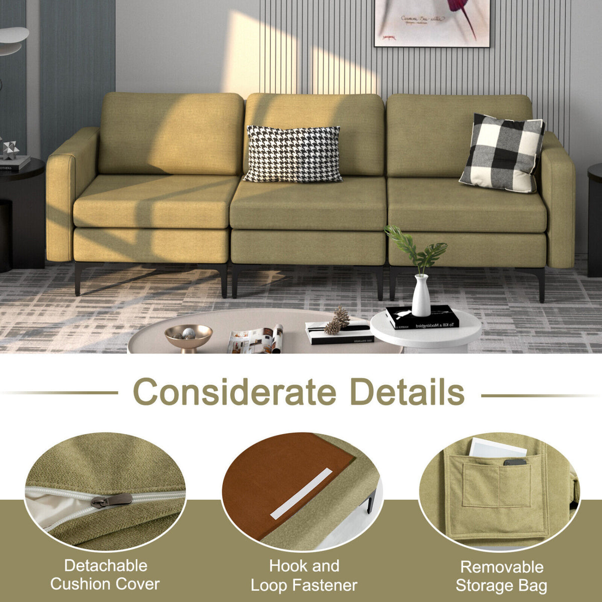 3-Seat Sectional Sofa, With Armrest Magazine Pocket, Metal Leg, Green Sofas & Loveseats at Gallery Canada