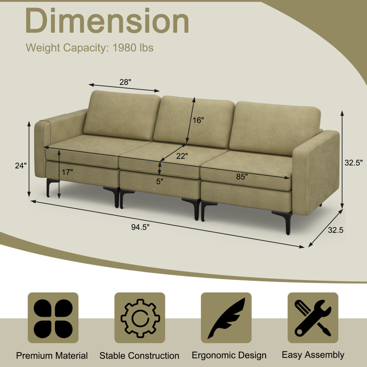 3-Seat Sectional Sofa, With Armrest Magazine Pocket, Metal Leg, Green Sofas & Loveseats at Gallery Canada
