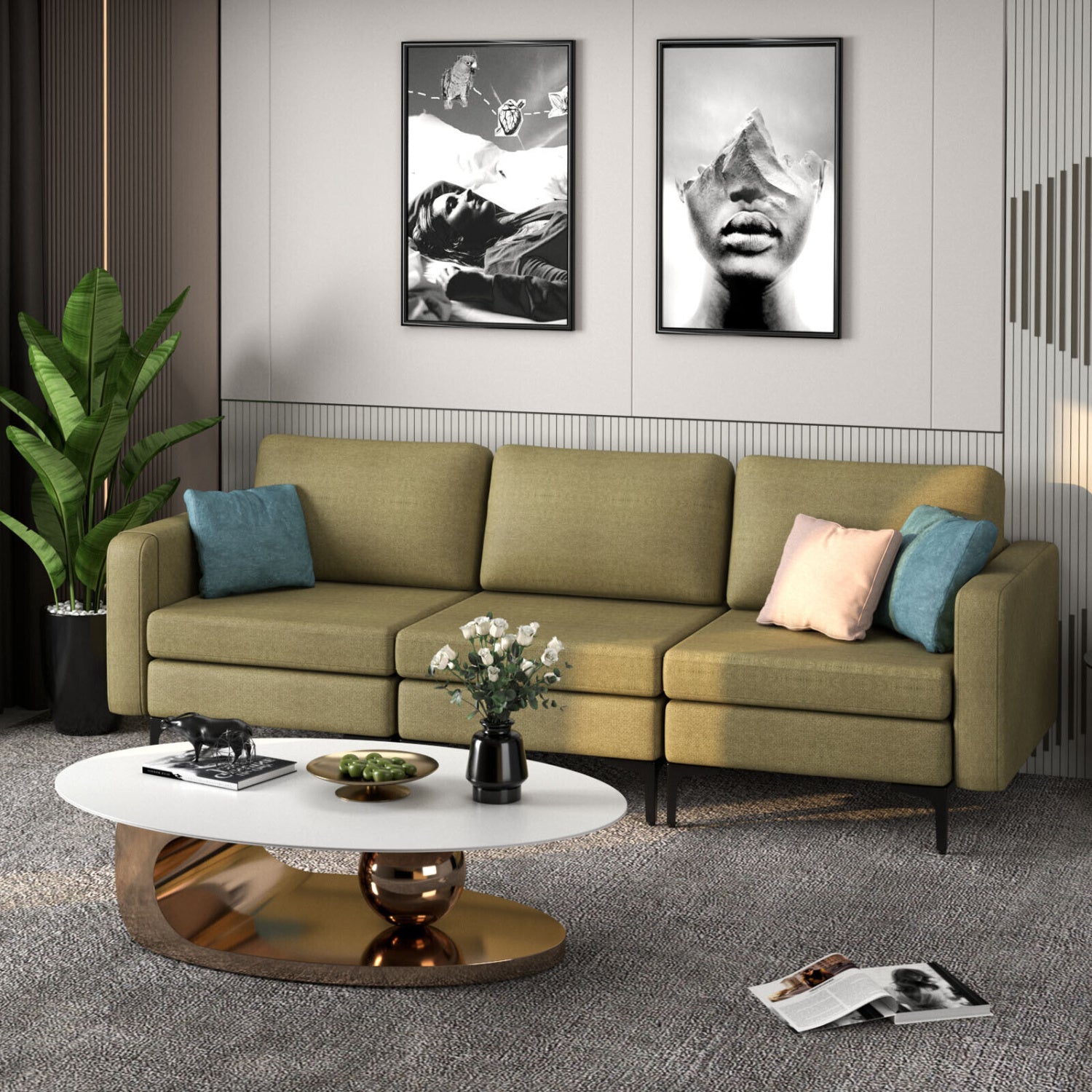 3-Seat Sectional Sofa, With Armrest Magazine Pocket, Metal Leg, Green Sofas & Loveseats at Gallery Canada