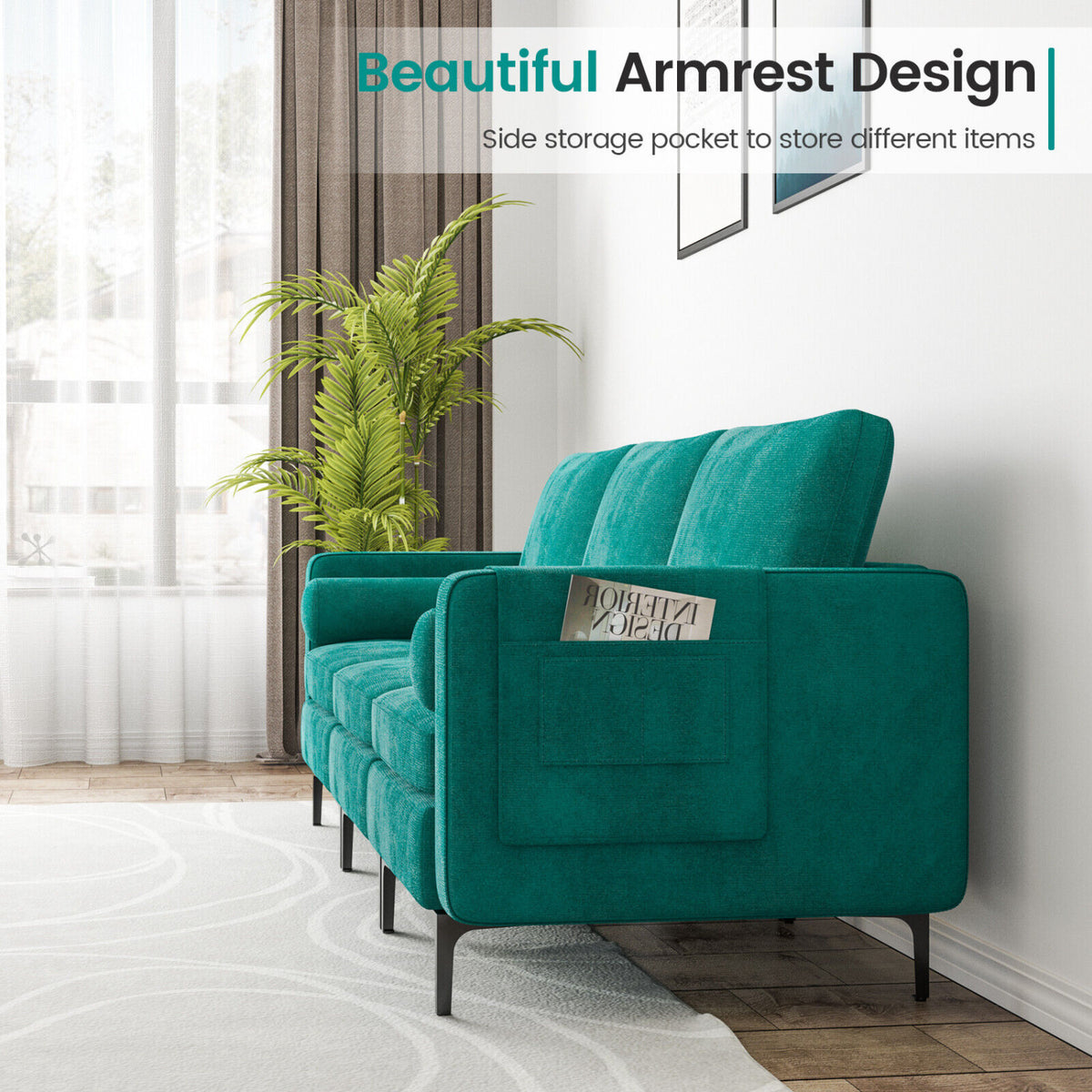 3-Seat Sectional Sofa, Side Storage Pocket, Metal Leg, Teal Sofas & Loveseats at Gallery Canada