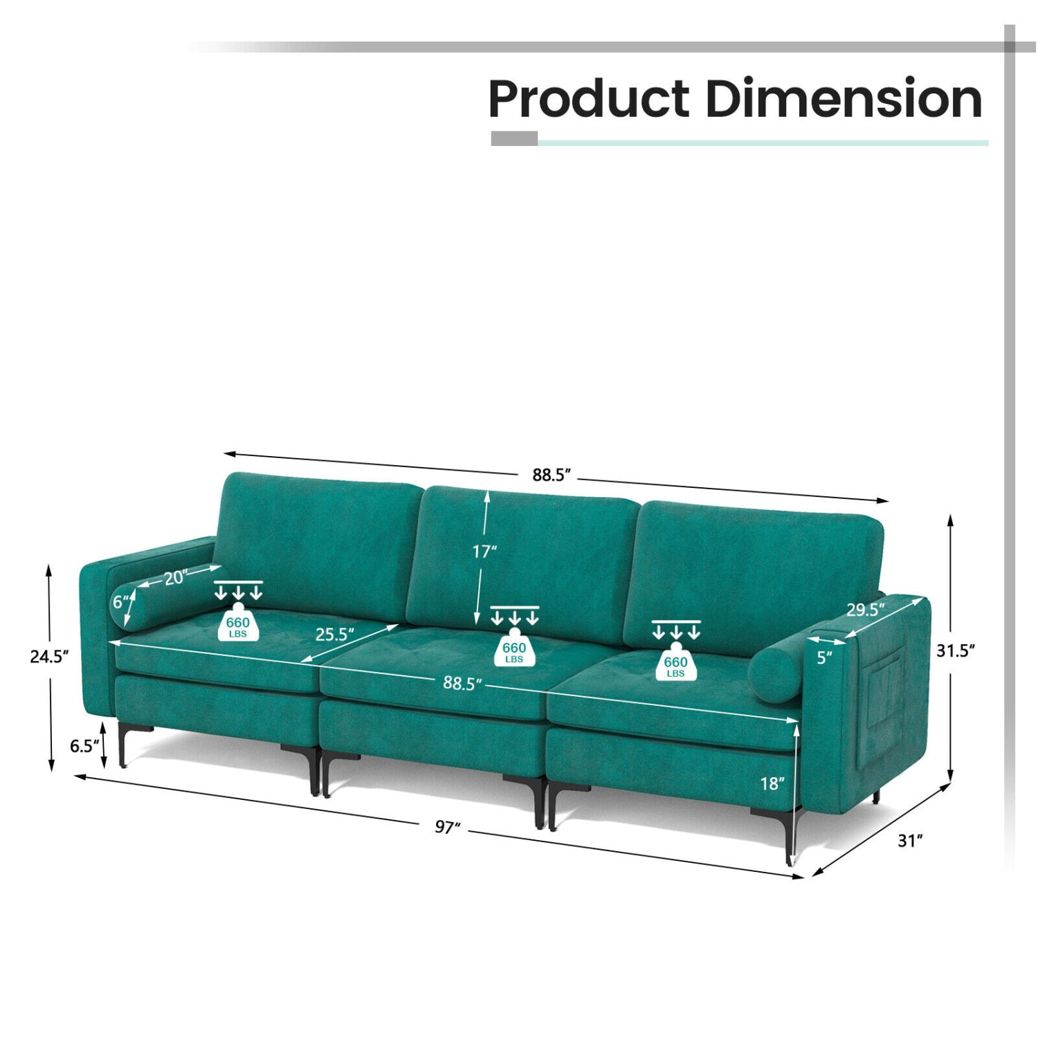 3-Seat Sectional Sofa, Side Storage Pocket, Metal Leg, Teal Sofas & Loveseats at Gallery Canada