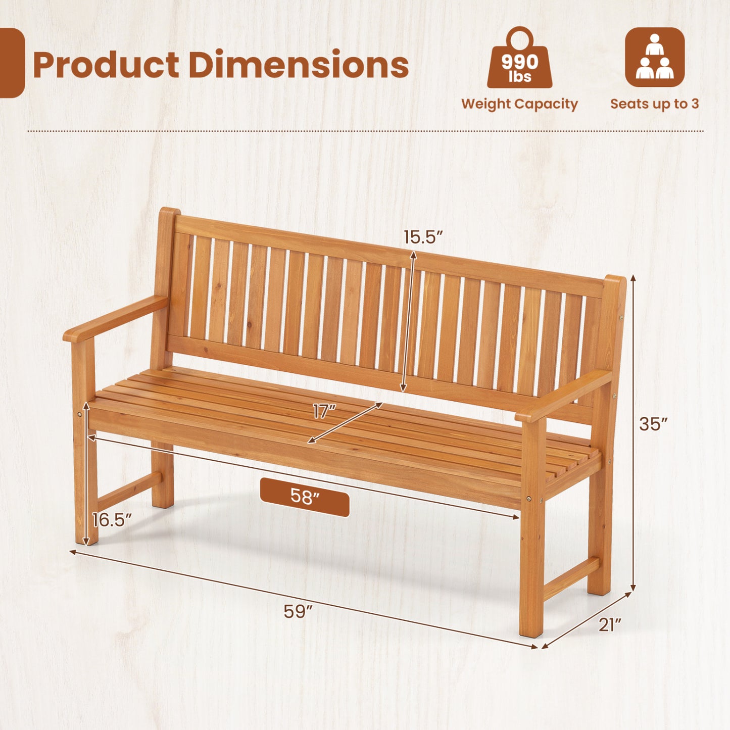 3-Seater Outdoor Wooden Bench, 59 Inch, Yellow Outdoor Benches at Gallery Canada