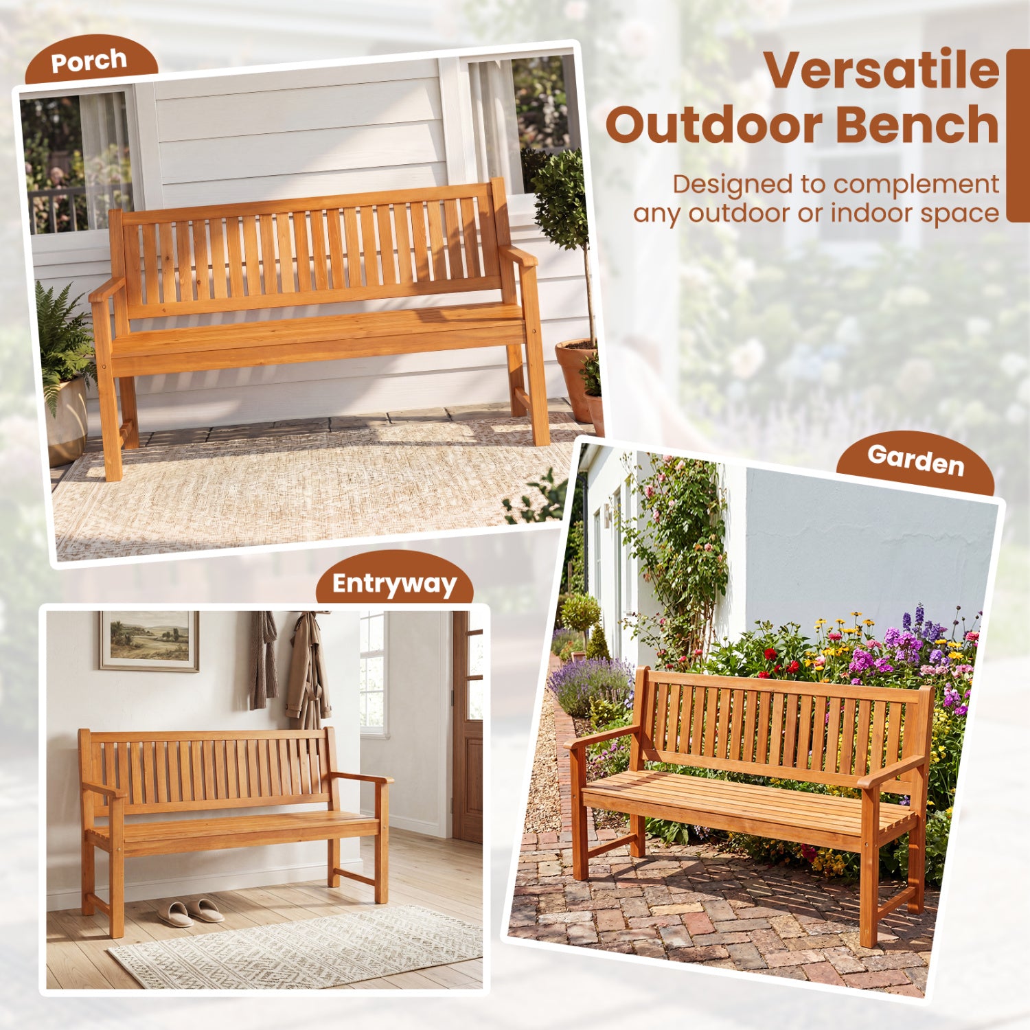 3-Seater Outdoor Wooden Bench, 59 Inch, Yellow Outdoor Benches at Gallery Canada