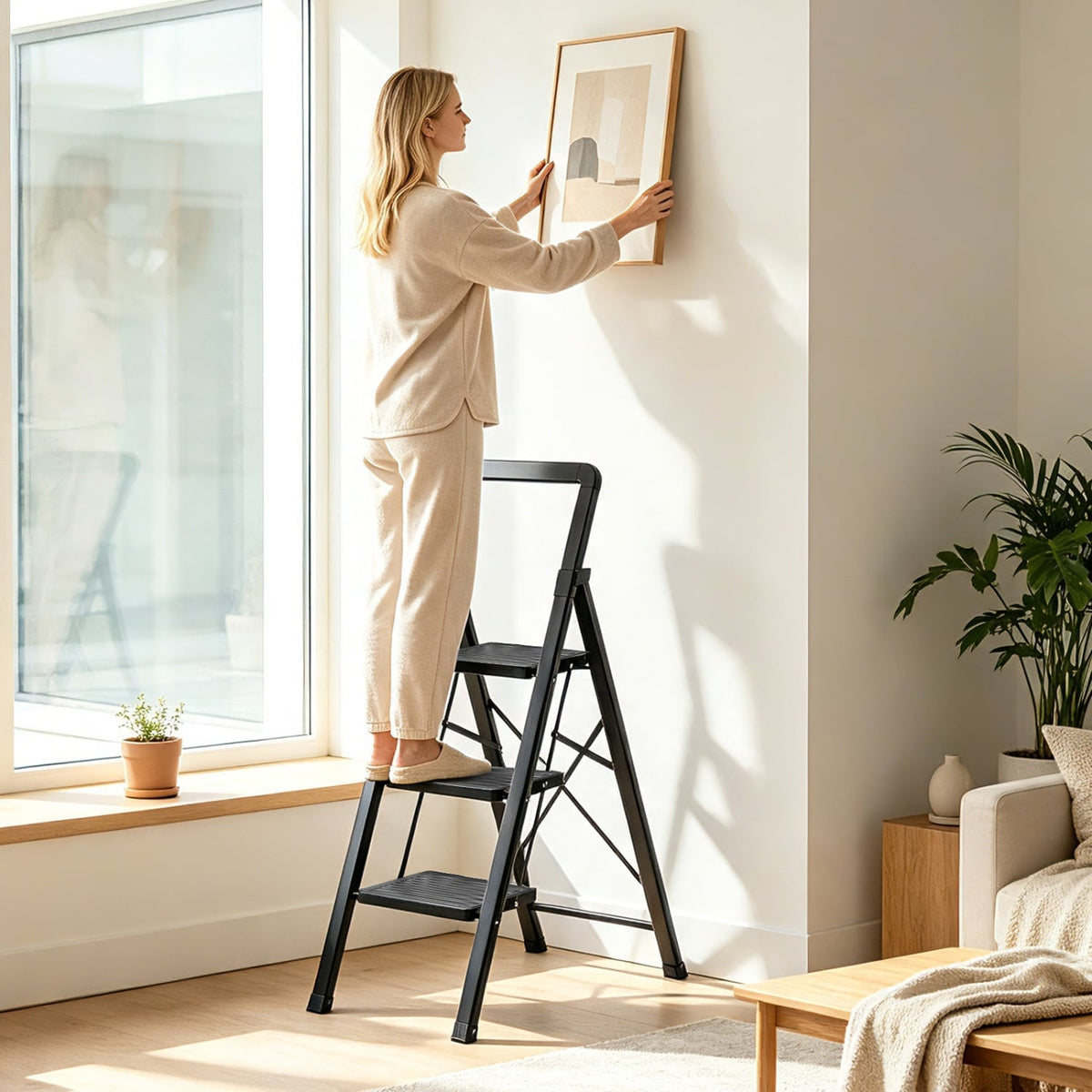 3 Step Folding Step Stool, Wide Anti-slip Pedals, Black Ladders at Gallery Canada