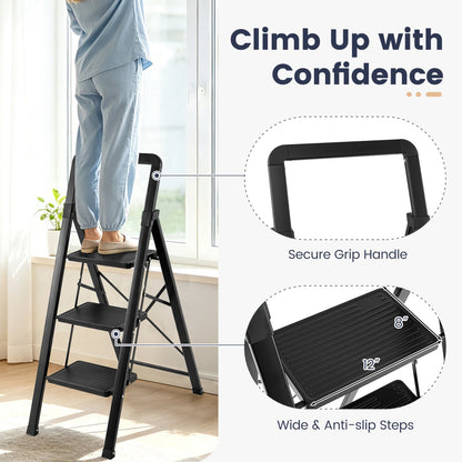 3 Step Folding Step Stool, Wide Anti-slip Pedals, Black Ladders at Gallery Canada
