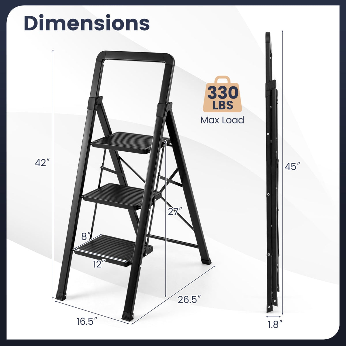 3 Step Folding Step Stool, Wide Anti-slip Pedals, Black Ladders at Gallery Canada
