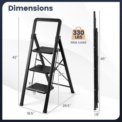 3 Step Folding Step Stool, Wide Anti-slip Pedals, Black Ladders at Gallery Canada
