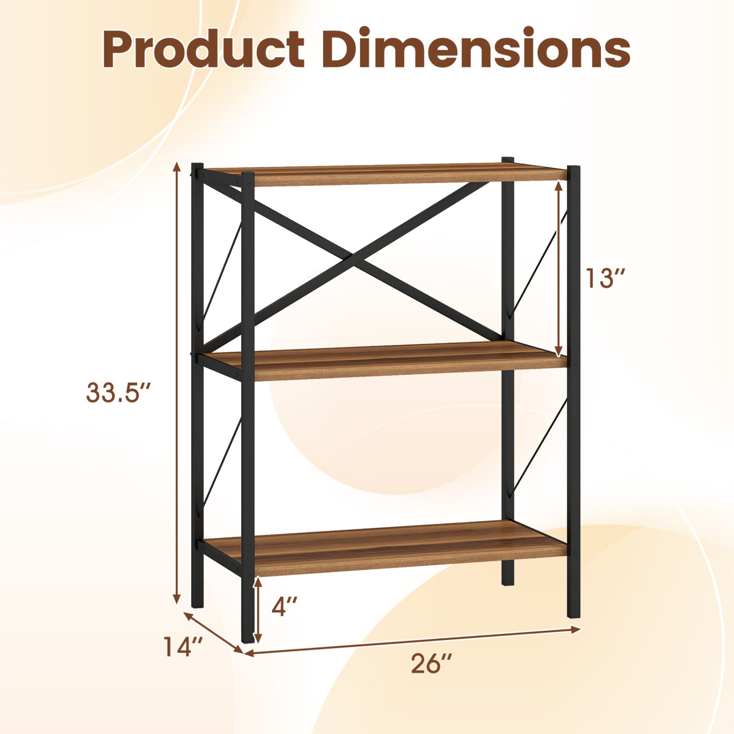3-Tier Bookshelf with Heavy-Duty Metal Frame, Walnut Bookcases at Gallery Canada