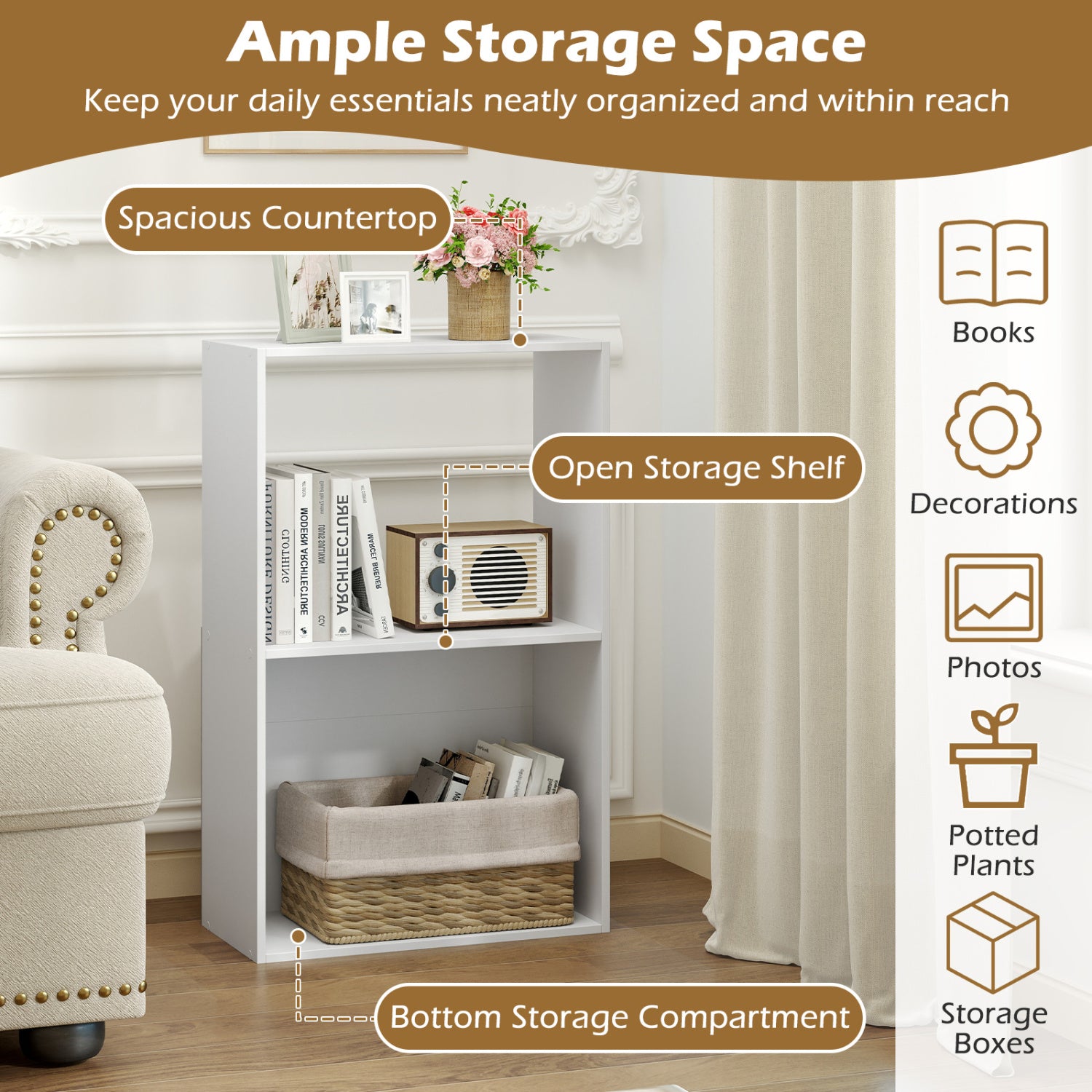 3-Tier Bookshelf with Open Storage Compartment and Freestanding Display Shelf, White Bookcases at Gallery Canada