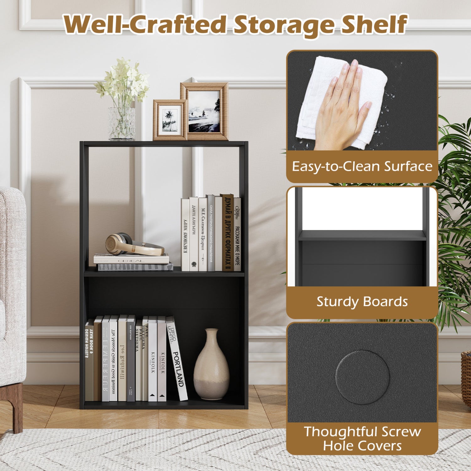 3-Tier Bookshelf with Open Storage Compartment and Freestanding Display Shelf, Black Bookcases at Gallery Canada