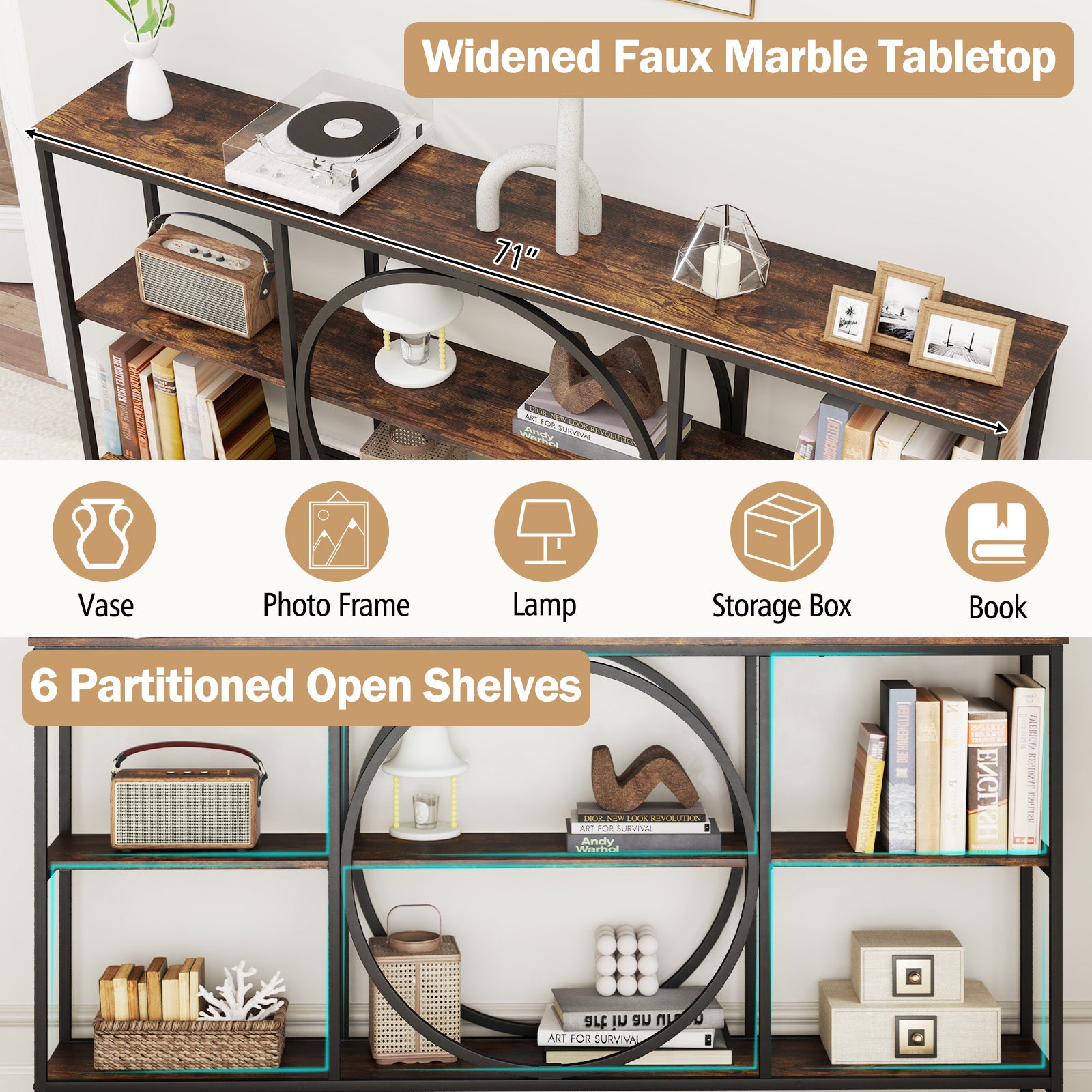 3-Tier Console Table, Faux Marble Top, Storage Shelves, Rustic Brown Console Tables at Gallery Canada
