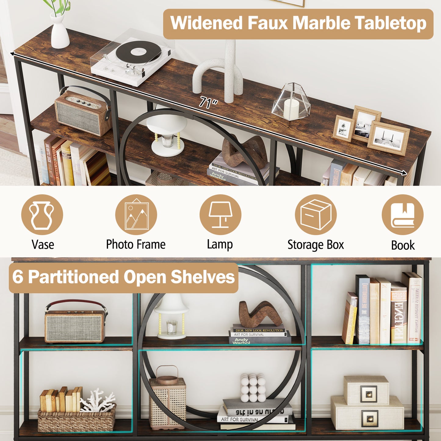 3-Tier Console Table, Faux Marble Top, Storage Shelves, Rustic Brown Console Tables at Gallery Canada
