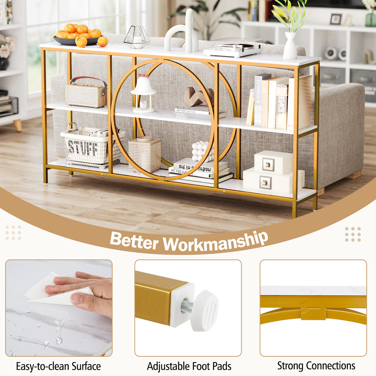 3-Tier Console Table, Faux Marble Top, Storage Shelves, White Console Tables at Gallery Canada