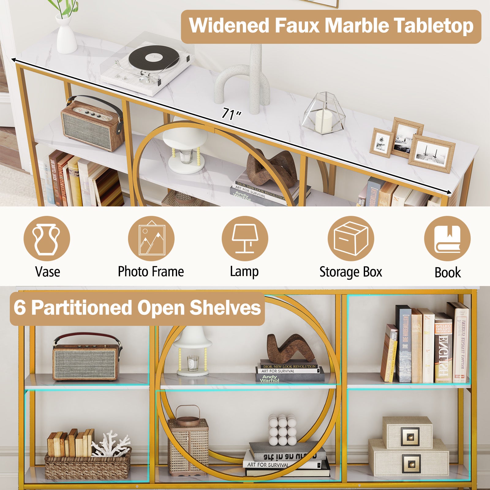 3-Tier Console Table, Faux Marble Top, Storage Shelves, White Console Tables at Gallery Canada