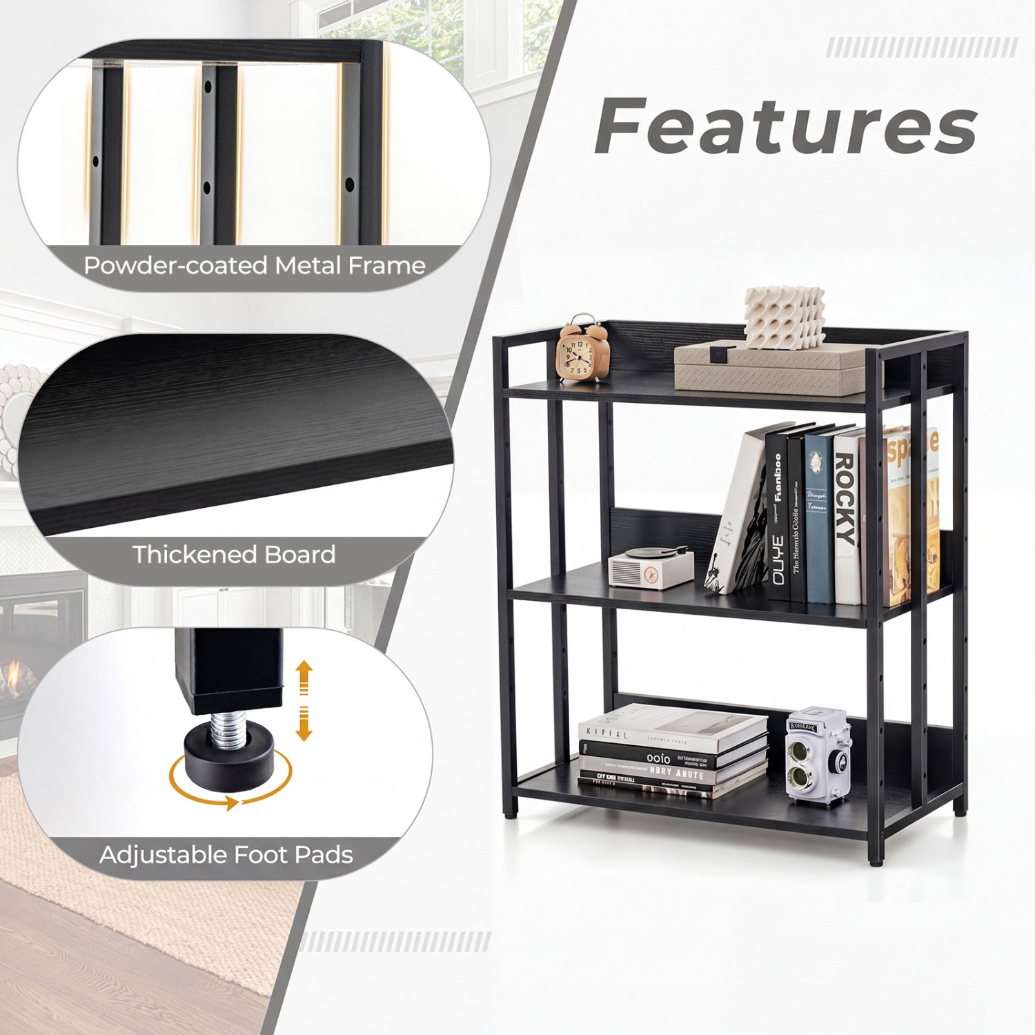 3-Tier Corner Bookshelf, Adjustable Shelves, Black Bookcases at Gallery Canada