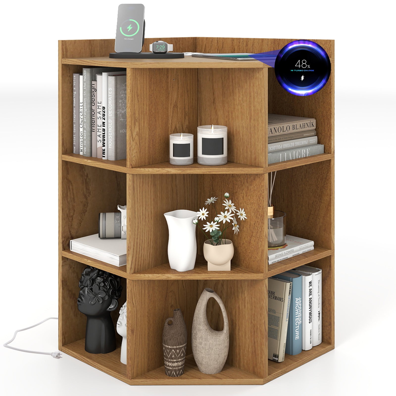 3-Tier Corner Cabinet with Charging Station for Bedroom, Natural Cabinets & Chests at Gallery Canada