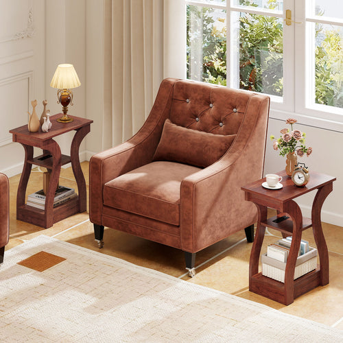 3-Tier End Tables, Set Of 2, Charging Station, Open Shelves, Cherry