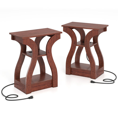 3-Tier End Tables, Set Of 2, Charging Station, Open Shelves, Cherry
