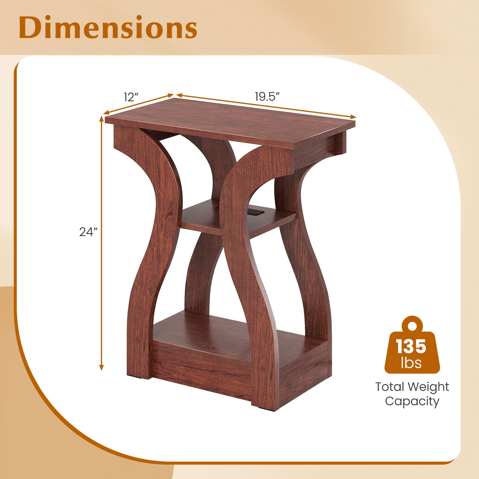 3-Tier End Tables, Set Of 2, Charging Station, Open Shelves, Cherry End & Side Tables at Gallery Canada